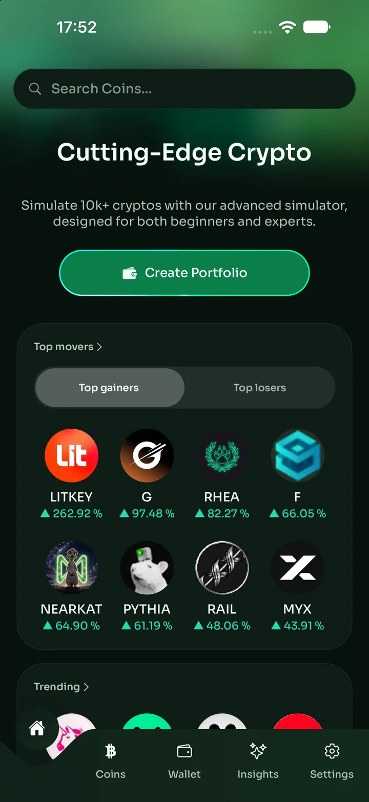 Coin Copilot home screen showing crypto market movers