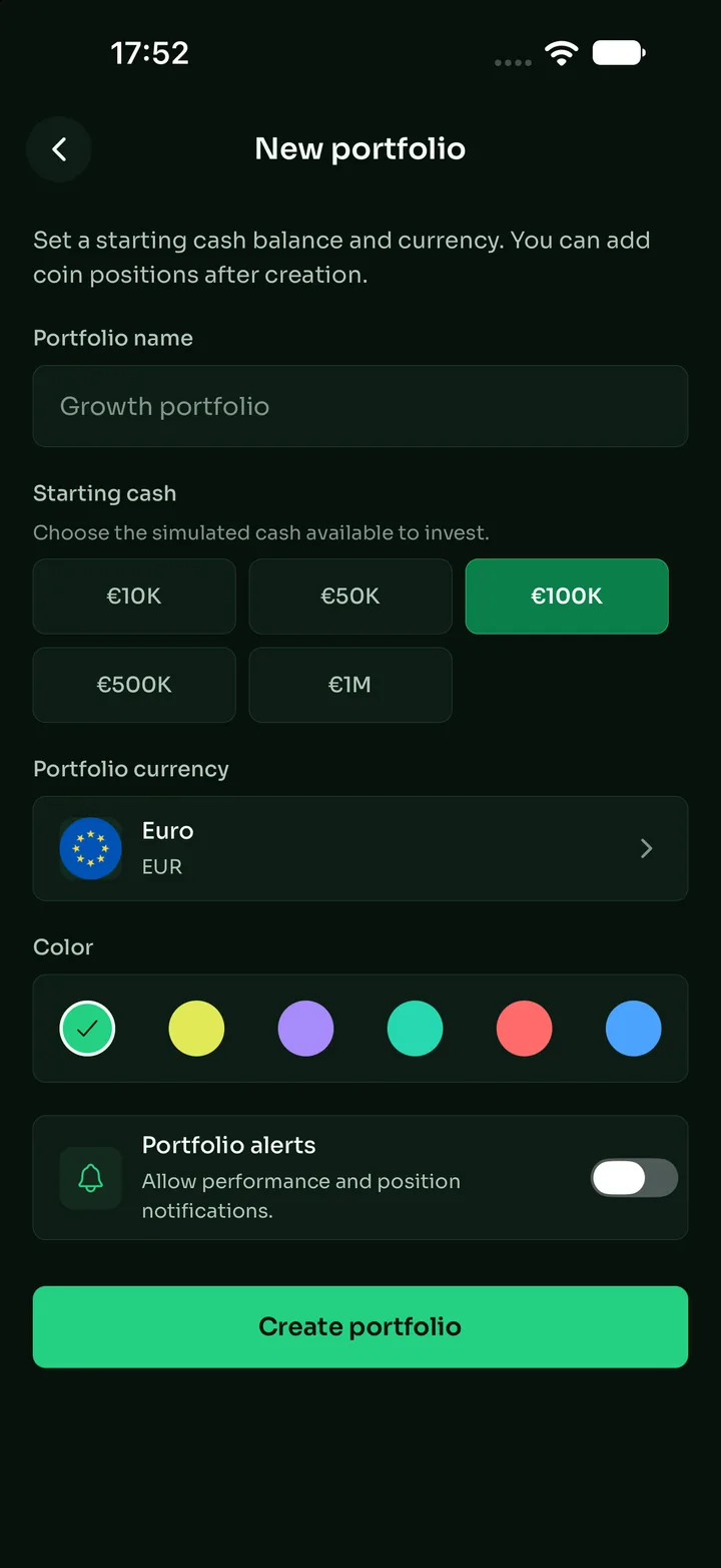 Create a simulated crypto portfolio in Coin Copilot